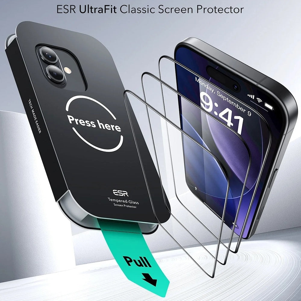 Folie de protectie Ecran ESR UltraFit pentru Apple iPhone 17 / 16 Pro, Sticla Securizata, Full Glue, Set 3 bucati