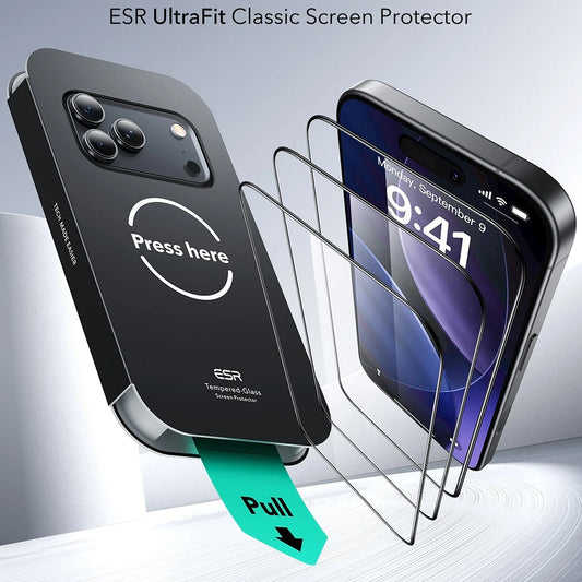 Folie de protectie Ecran ESR UltraFit pentru Apple iPhone 18 Pro / 17 Pro, Sticla Securizata, Full Glue, Set 3 bucati, Neagra