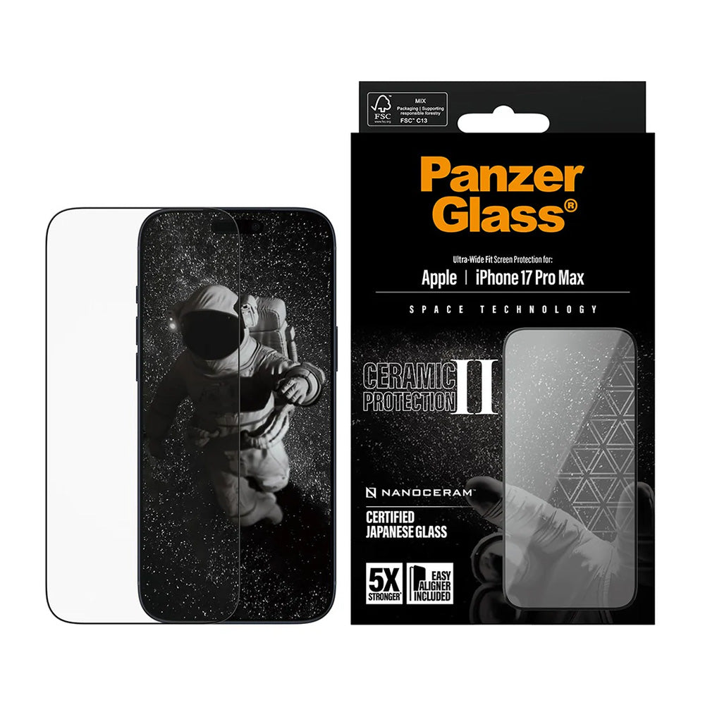 Folie de protectie Ecran PanzerGlass Ultra-Wide Ceramic II EasyAligner pentru Apple iPhone 17 Pro Max, Sticla Securizata, Full Glue, Neagra