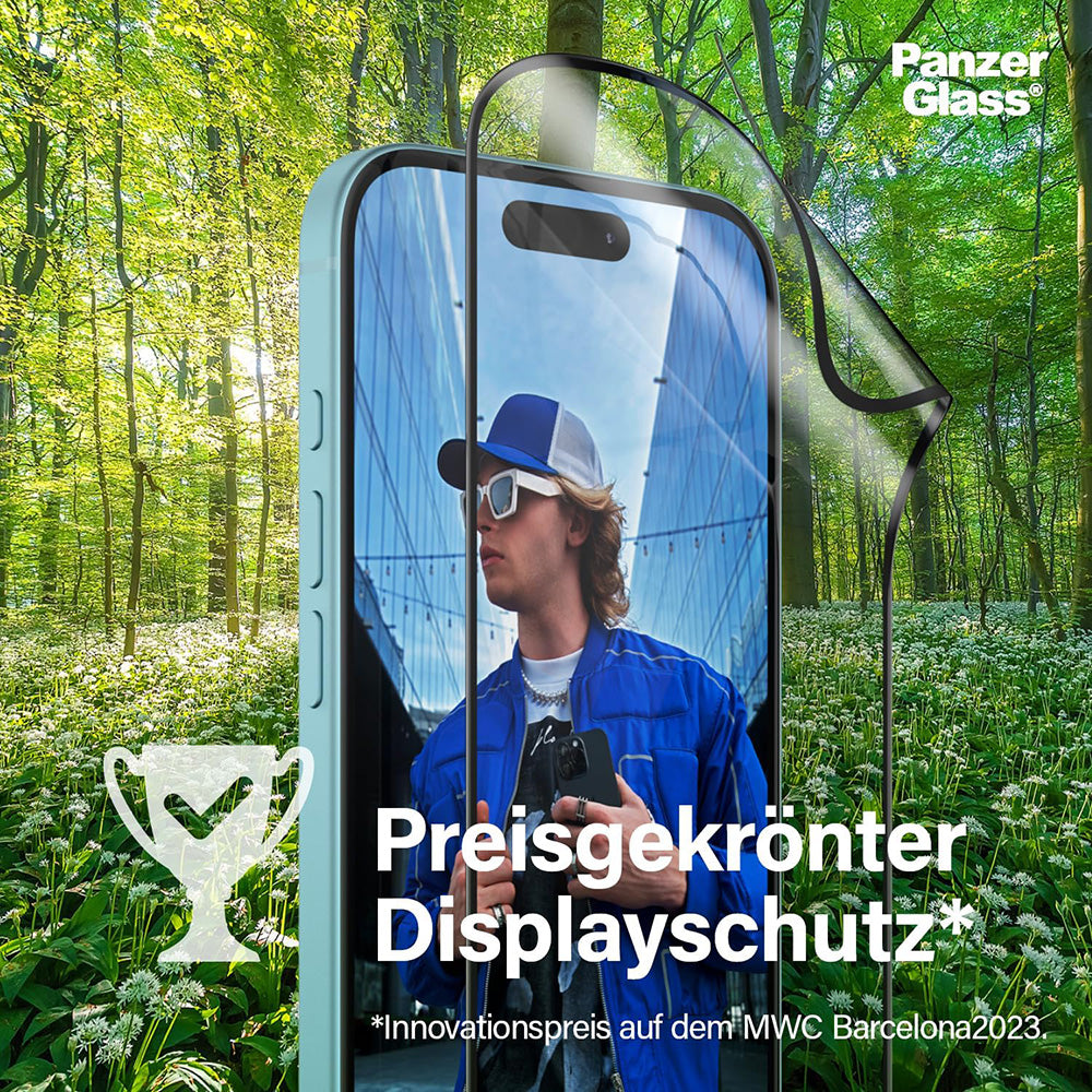 Folie de protectie Ecran PanzerGlass Ultra-Wide Fit EyeCare pentru Apple iPhone 16 / 15, Sticla Securizata, Full Glue, Neagra