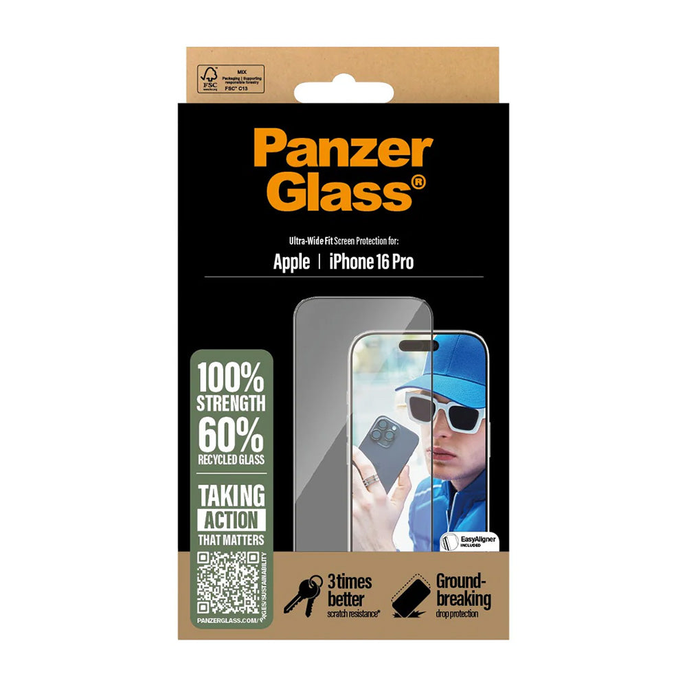Folie de protectie Ecran PanzerGlass Ultra-Wide Fit pentru Apple iPhone 16 Pro, Sticla Securizata, Full Glue, Neagra
