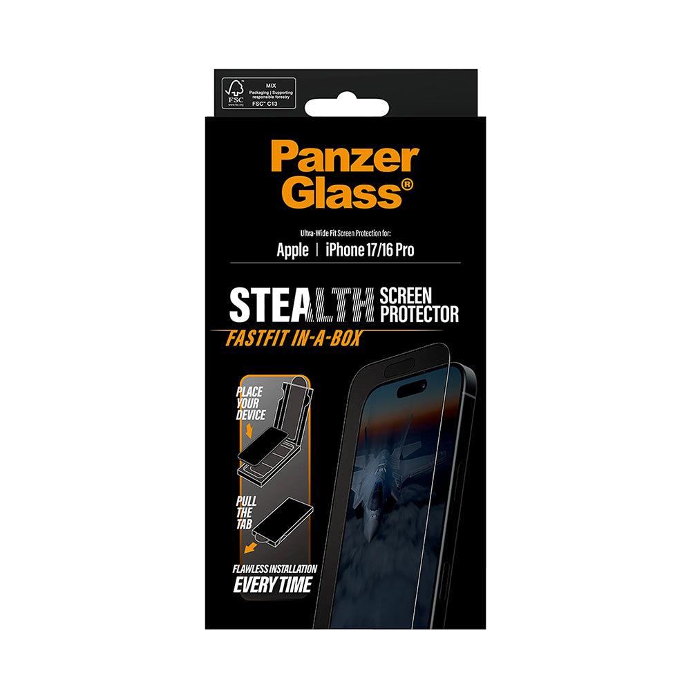 Folie de protectie Ecran PanzerGlass Ultra-Wide Fit Stealth Fastfit pentru Apple iPhone 17 / 16 Pro, Sticla Securizata, Full Glue, Neagra