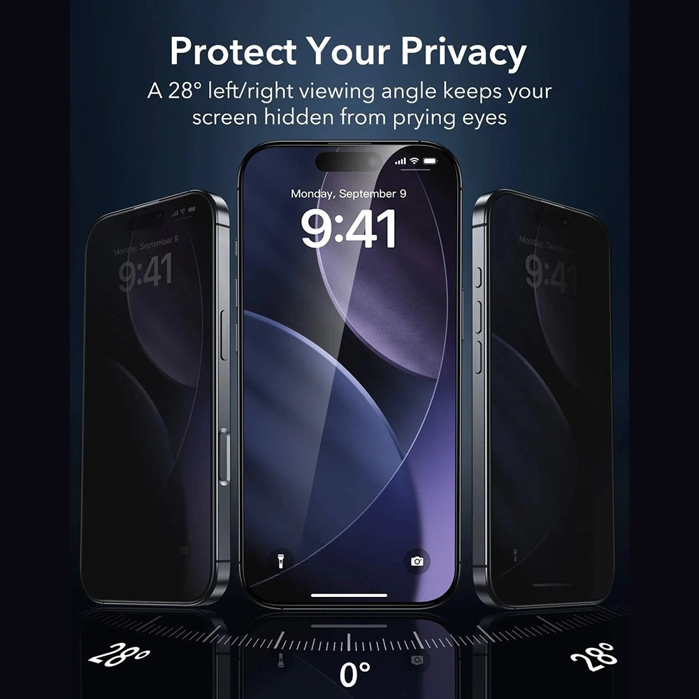 Folie de protectie Ecran Privacy ESR Armorite UltraFit pentru Apple iPhone 17 Pro, Sticla Securizata, Full Glue, Set 3 bucati