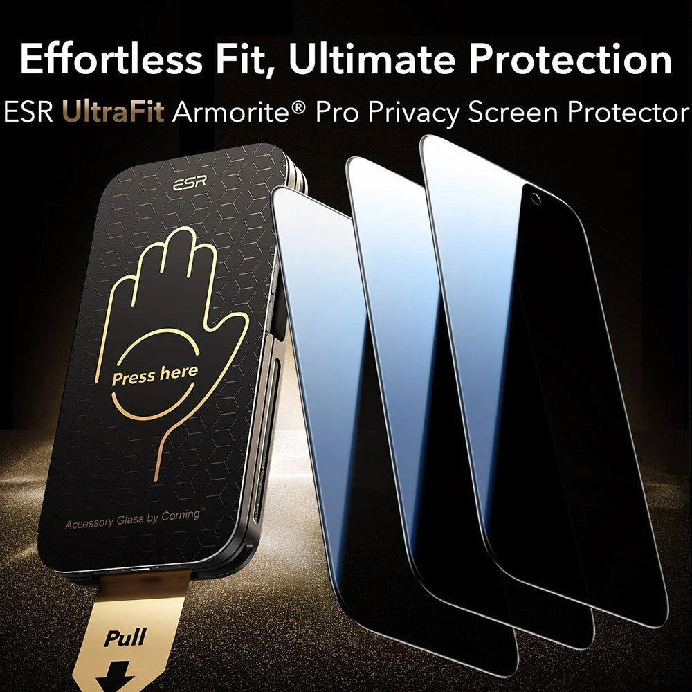 Folie de protectie Ecran Privacy ESR UltraFit Armorite Pro pentru Apple iPhone 17 Pro, Sticla Securizata, Full Glue, Set 3 bucati