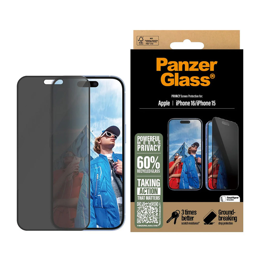 Folie de protectie Ecran Privacy PanzerGlass Ultra-Wide Fit EasyAligner pentru Apple iPhone 16 / 15, Sticla Securizata, Full Glue