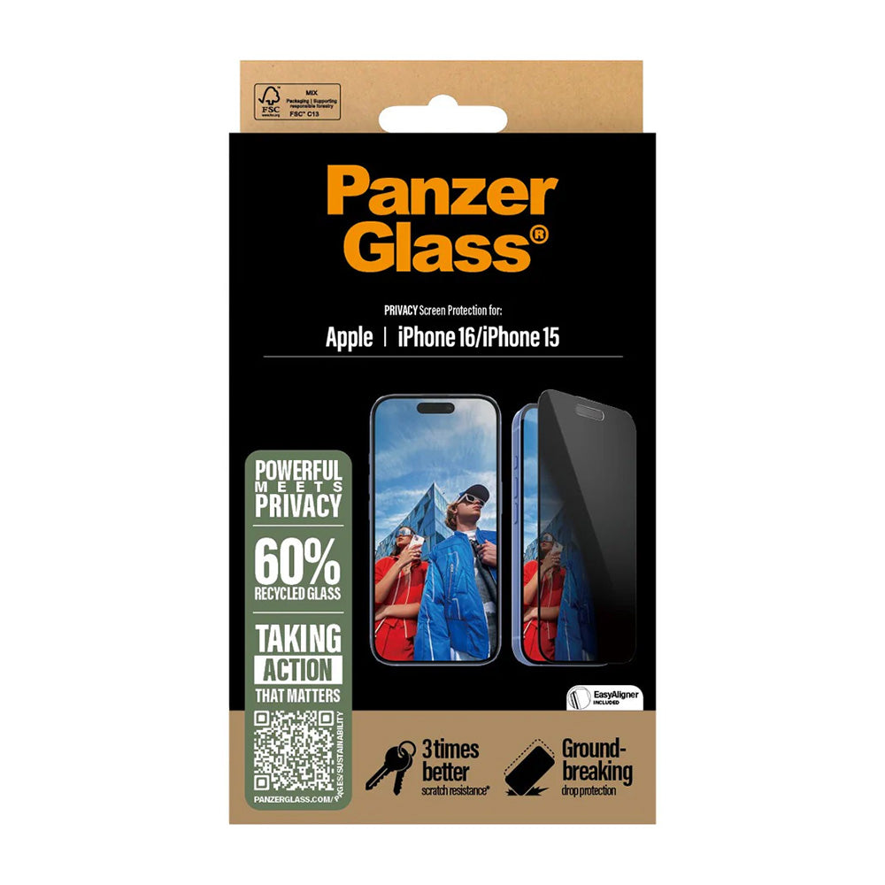 Folie de protectie Ecran Privacy PanzerGlass Ultra-Wide Fit EasyAligner pentru Apple iPhone 16 / 15, Sticla Securizata, Full Glue