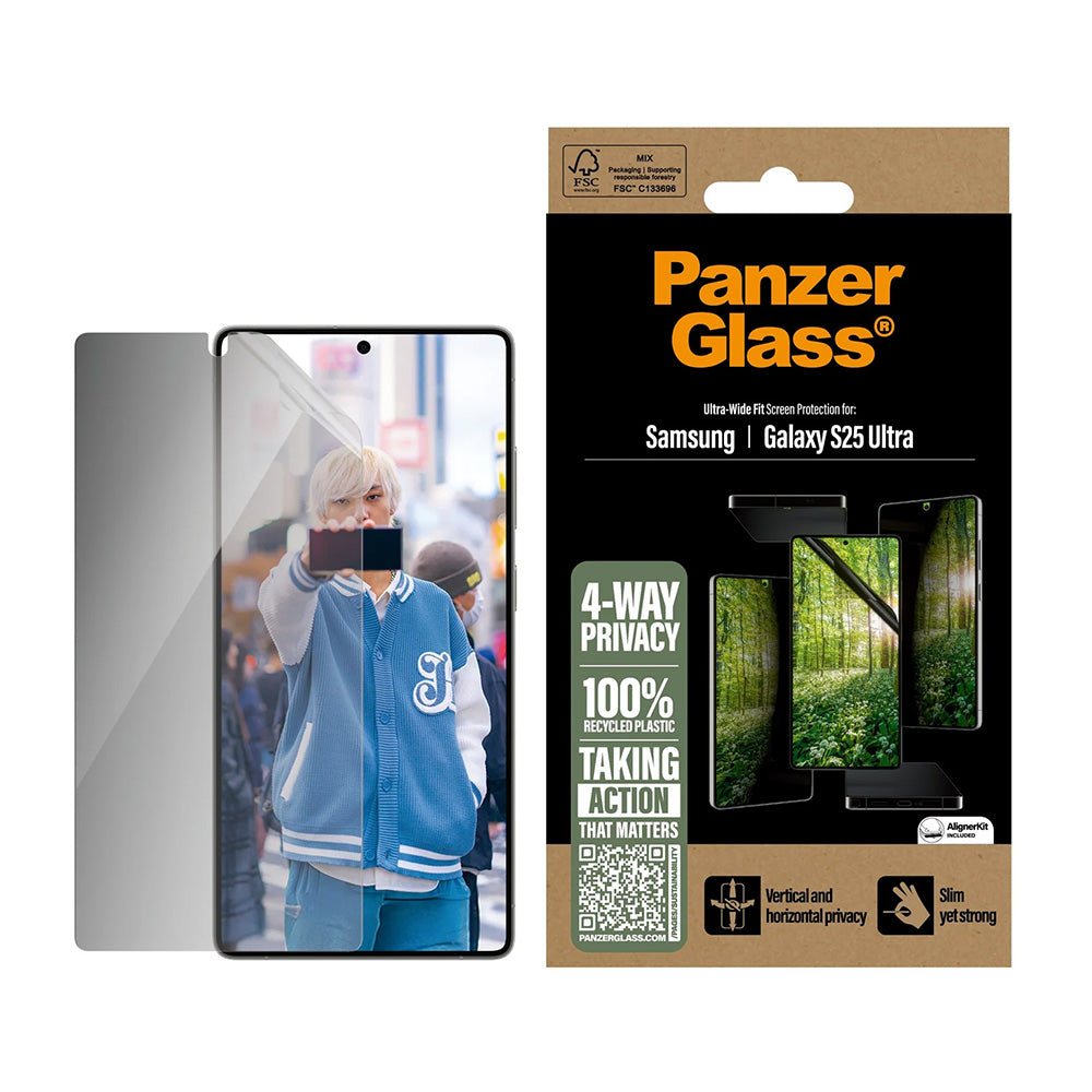Folie de protectie Ecran Privacy PanzerGlass Ultra-Wide Fit Eco Matrix 4-Way pentru Samsung Galaxy S25 Ultra S938, Sticla Securizata, Full Glue