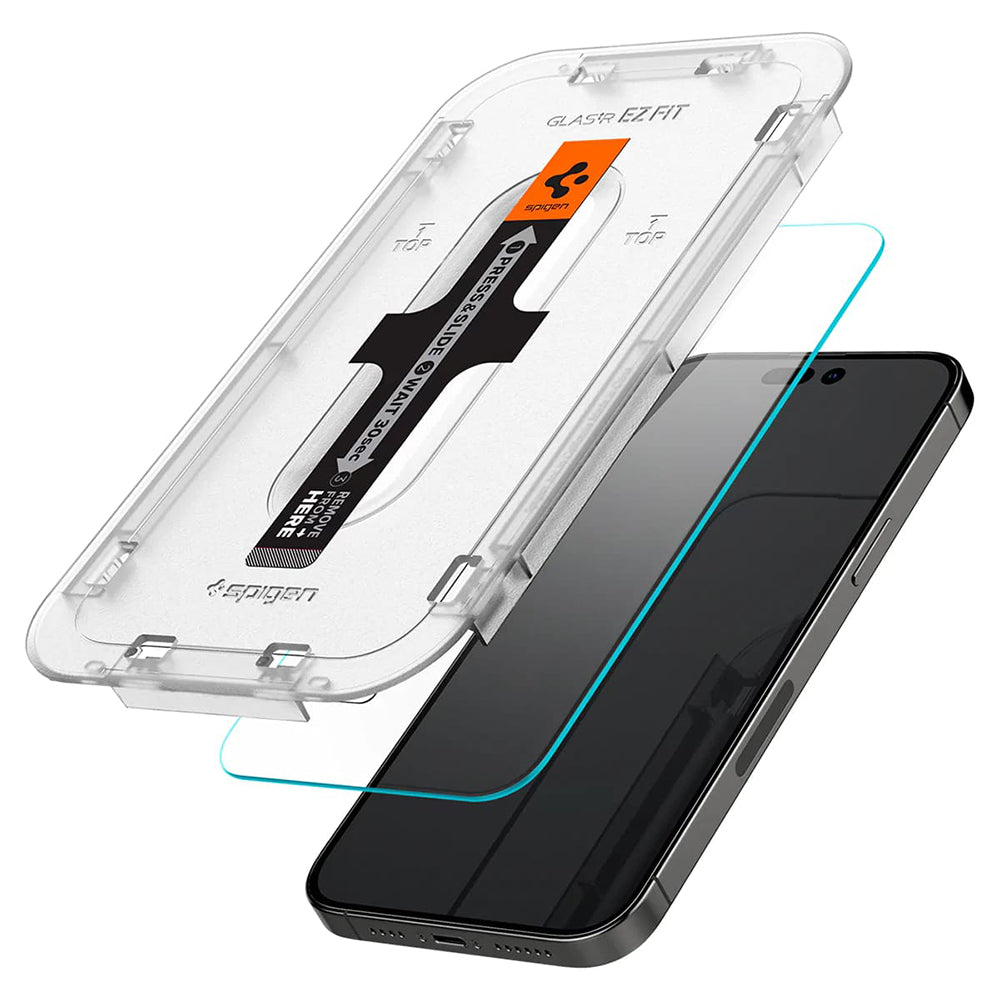 Folie de protectie Ecran Spigen GlastR EZ FIT pentru Apple iPhone 14 Pro, Sticla Securizata, Full Glue, Set 2 bucati