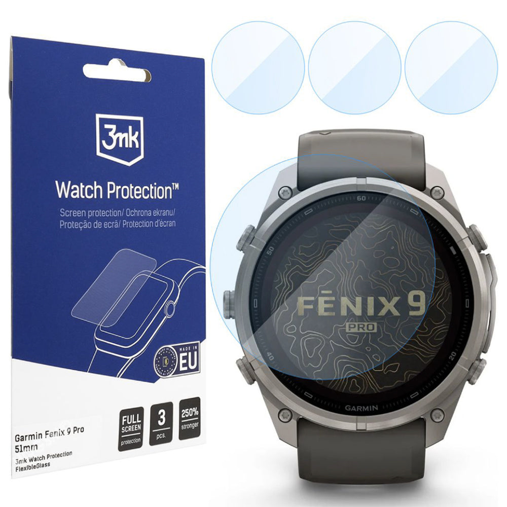 Folie Protectie 3MK FlexibleGlass pentru Garmin Fenix 9 Pro 51mm, Set 3 bucati, Sticla Flexibila