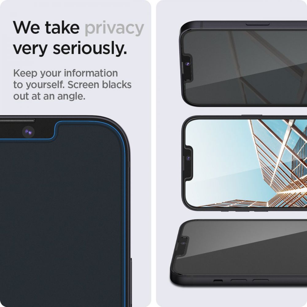 Folie de protectie Ecran Privacy Spigen GlastR EZ FIT pentru Apple iPhone 17e / 16e / 14 / 13 Pro, Sticla Securizata, Full Glue, Set 2 bucati AGL03388