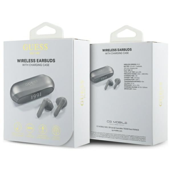 Handsfree Bluetooth Guess Elongated Metallic Printed Logo, TWS, Gri