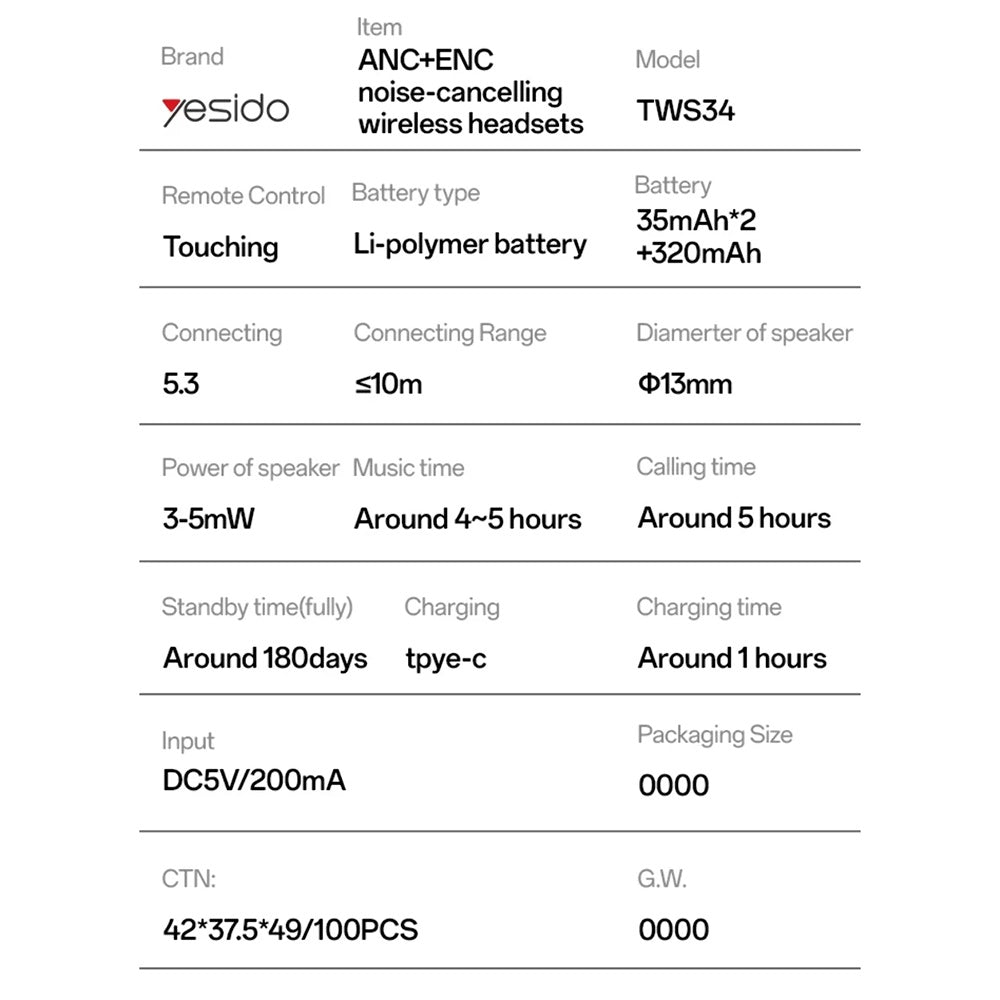 Handsfree Bluetooth Yesido TWS34, TWS, ANC, Alb
