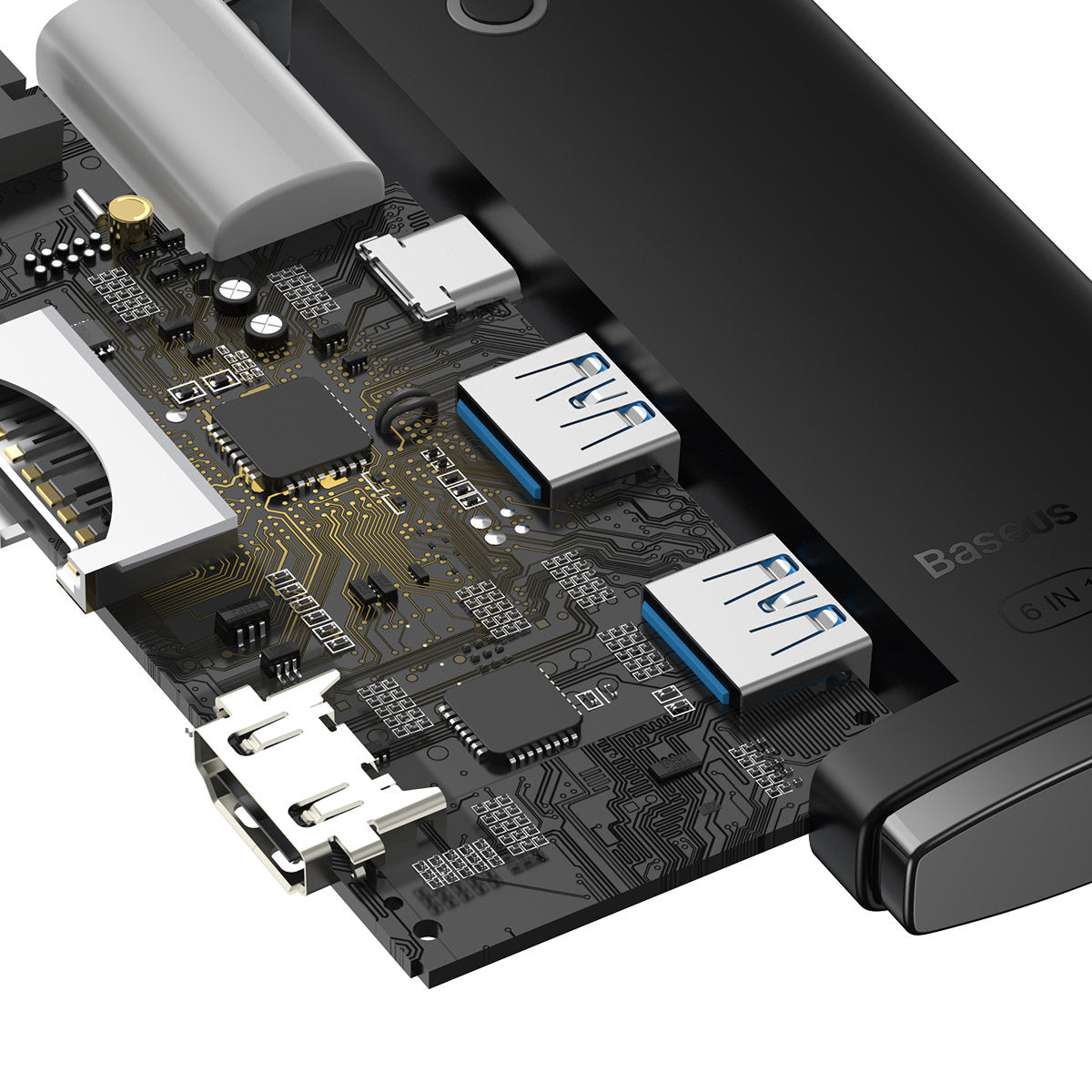 Hub USB-C Baseus, 2 x USB-A 3.0 - 1 x USB-C - 1 x HDMI - 1 x SD - 1 x microSD, Negru WKQX050001