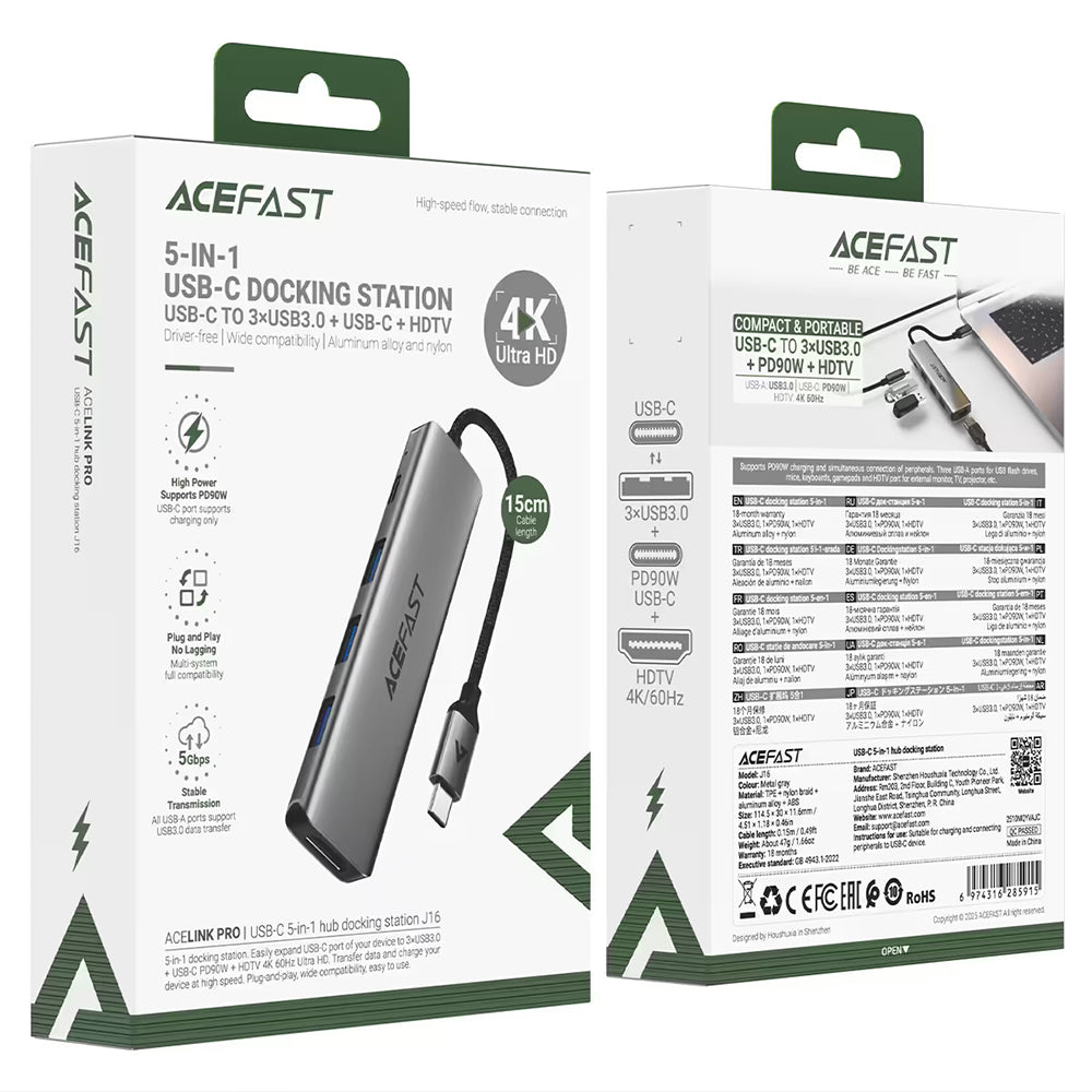 Hub USB-C Acefast J16, 5in1, Gri