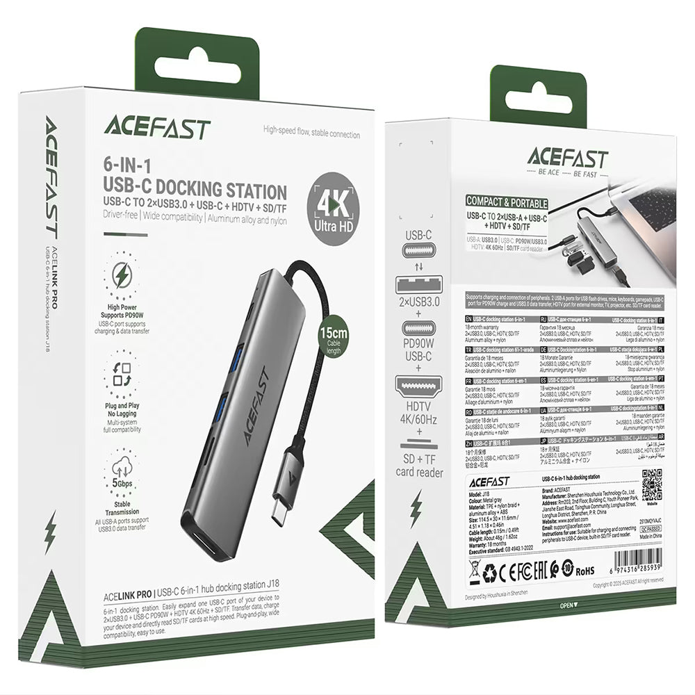 Hub USB-C Acefast J18, 6in1, Gri