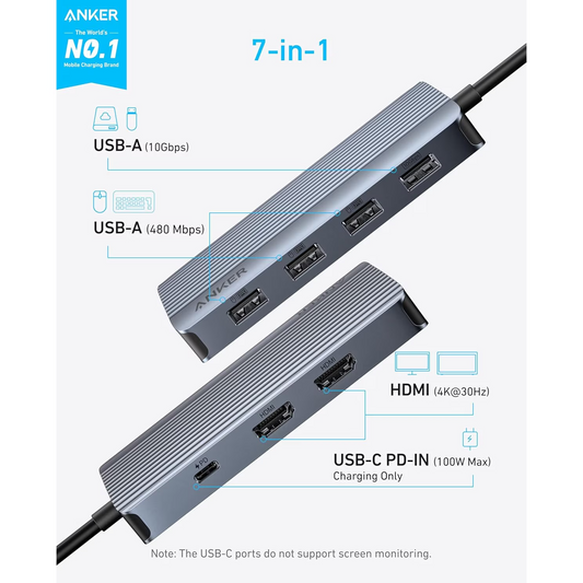 Hub USB-C Anker, 1 x USB-A 3.2 - 3 x USB-A - 1 x USB-C - 2 x HDMI, Gri A83740A2