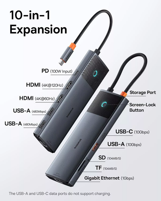 Hub USB-C Baseus Dual Display, 1 x USB-A 3.0 - 2 x USB-A - 2 x USB-C - 2 x HDMI - 1 x RJ45 - 1 x SD - 1 x microSD, Negru B00061800123-01