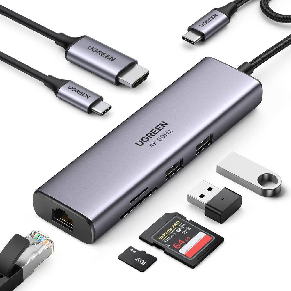 Hub USB-C UGREEN CM512 (60515), 2 x USB-A 3.0 - 1 x USB-C - 1 x HDMI - 1 x SD - 1 x microSD - 1 x RJ45, Gri