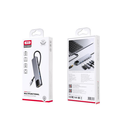 Hub USB-C XO Design HUB013, 1 x USB-A - 1 x USB-A 3.0 - 2 x USB-C - 1 x HDMI - 1 x RJ45, Gri