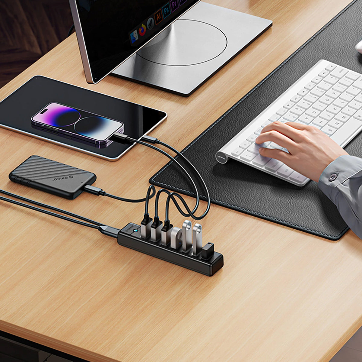 Hub USB Orico PW7U-U3, 7 x USB-A 3.0 - 1 x USB-C, Negru