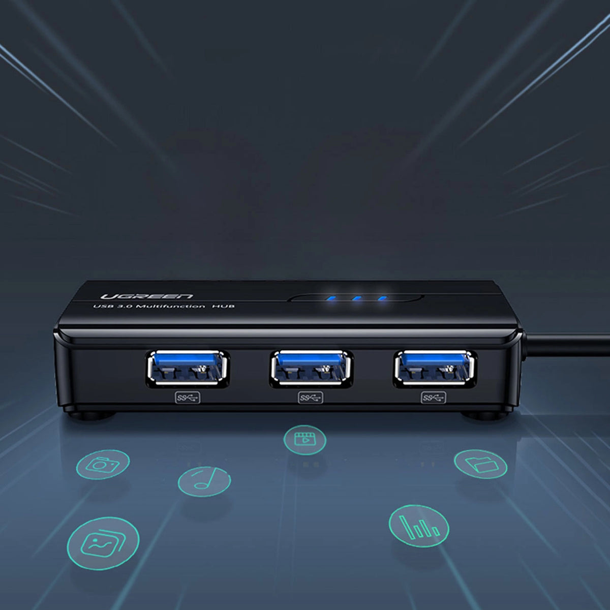 Hub USB UGREEN 20265, 3 x USB-A 3.0 - 1 x RJ45, Negru