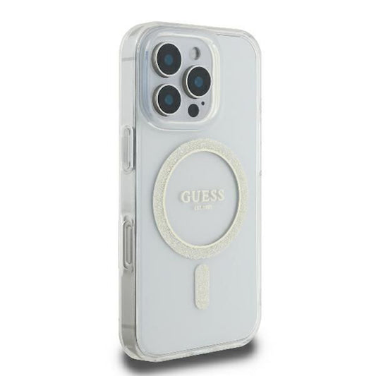 Husa MagSafe pentru Apple iPhone 16 Pro, Guess, IML Glitter Ring, Transparenta GUHMP16LHFGERET
