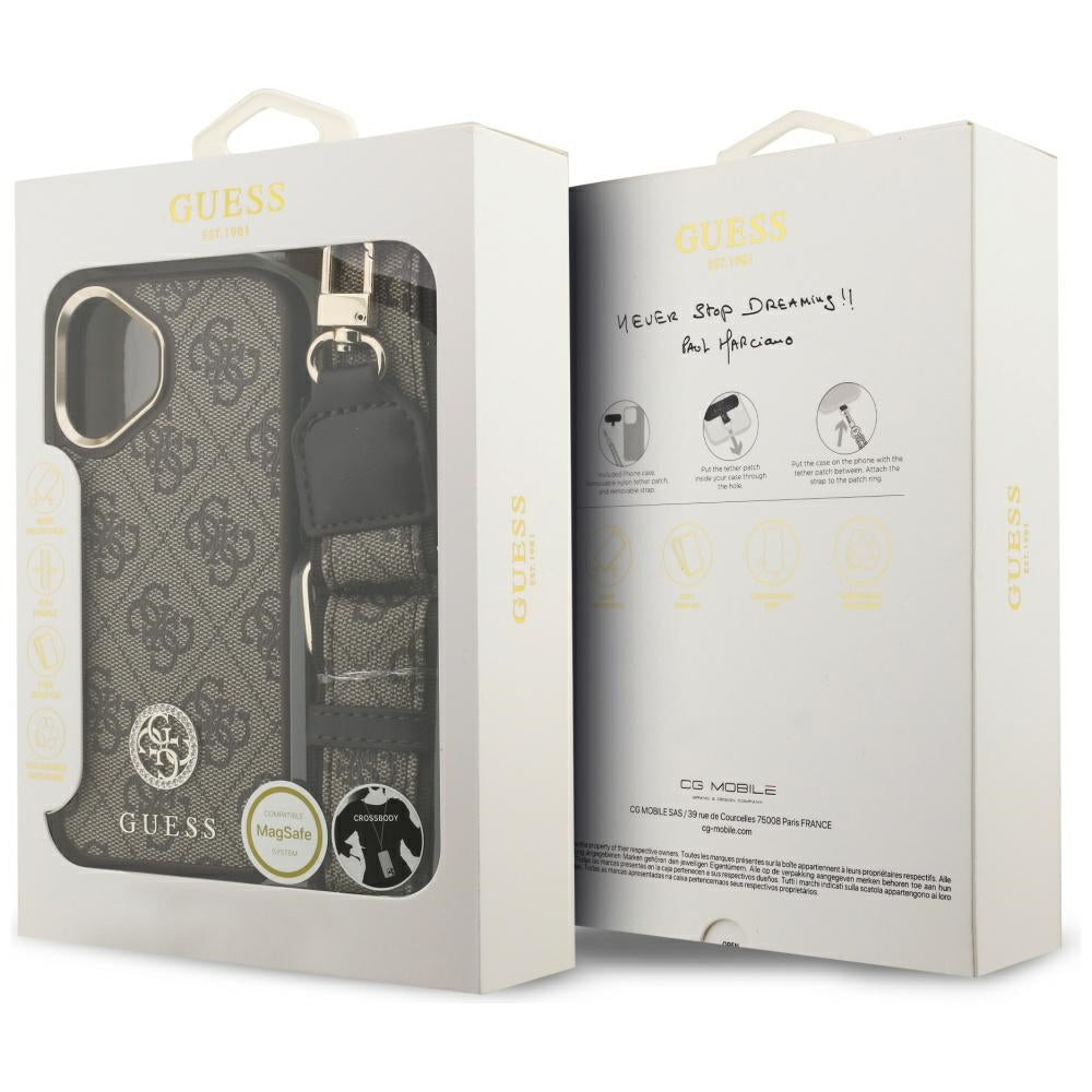 Husa MagSafe pentru Apple iPhone 17, Guess, 4G Strass Logo with Big Strap, Maro, Resigilata