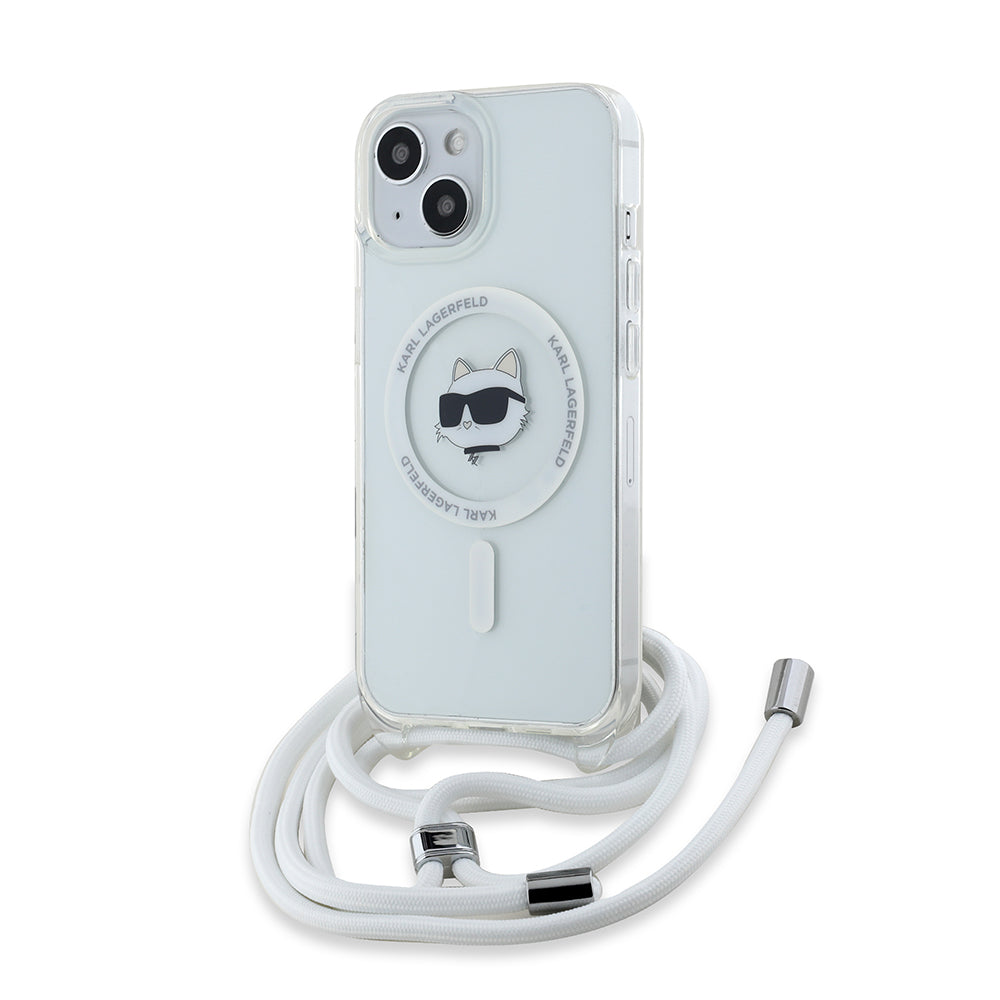Husa MagSafe pentru Apple iPhone 14, Karl Lagerfeld, IML Crossbody Choupette's Head with Strap, Transparenta