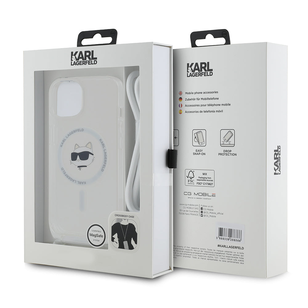 Husa MagSafe pentru Apple iPhone 14, Karl Lagerfeld, IML Crossbody Choupette's Head with Strap, Transparenta