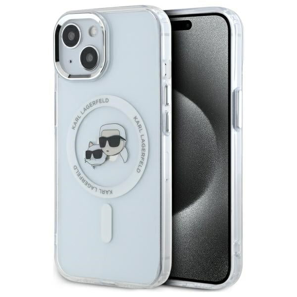 Husa MagSafe pentru Apple iPhone 14, Karl Lagerfeld, IML Metal Karl & Choupette's Heads, Alba