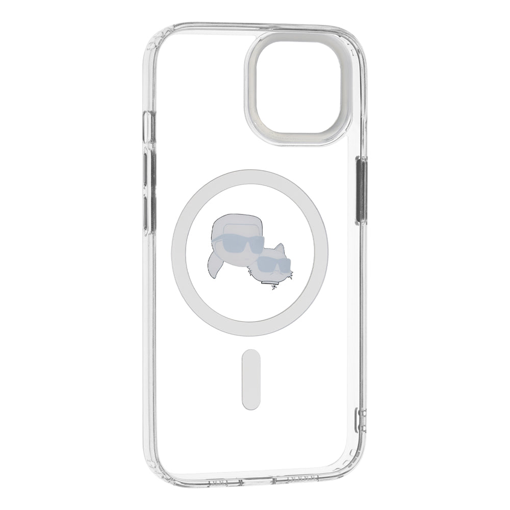 Husa MagSafe pentru Apple iPhone 14, Karl Lagerfeld, IML Metal Karl & Choupette's Heads, Alba