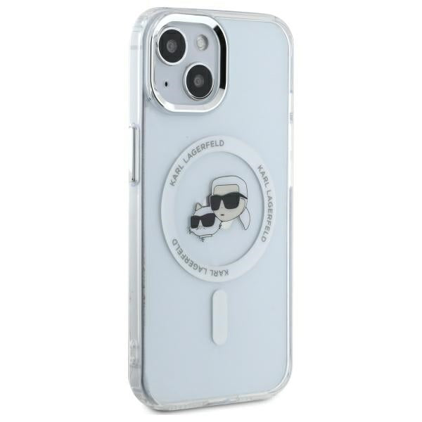 Husa MagSafe pentru Apple iPhone 14, Karl Lagerfeld, IML Metal Karl & Choupette's Heads, Alba