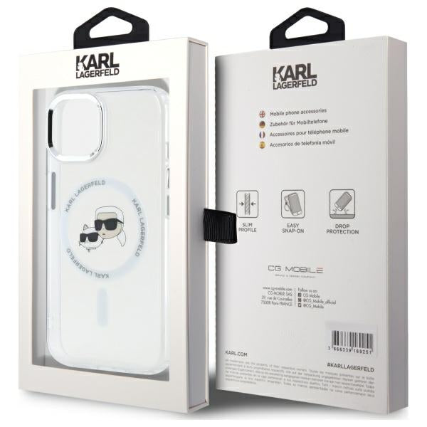 Husa MagSafe pentru Apple iPhone 14, Karl Lagerfeld, IML Metal Karl & Choupette's Heads, Alba