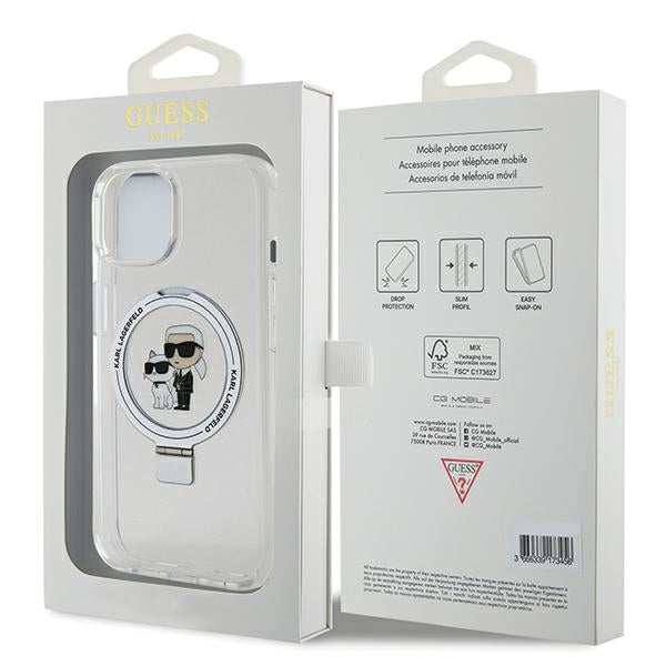 Husa MagSafe pentru Apple iPhone 14, Karl Lagerfeld, Ring Stand Karl & Choupette, Alba