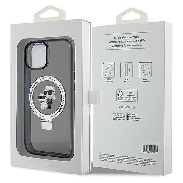 Husa MagSafe pentru Apple iPhone 14, Karl Lagerfeld, Ring Stand Karl & Choupette, Neagra