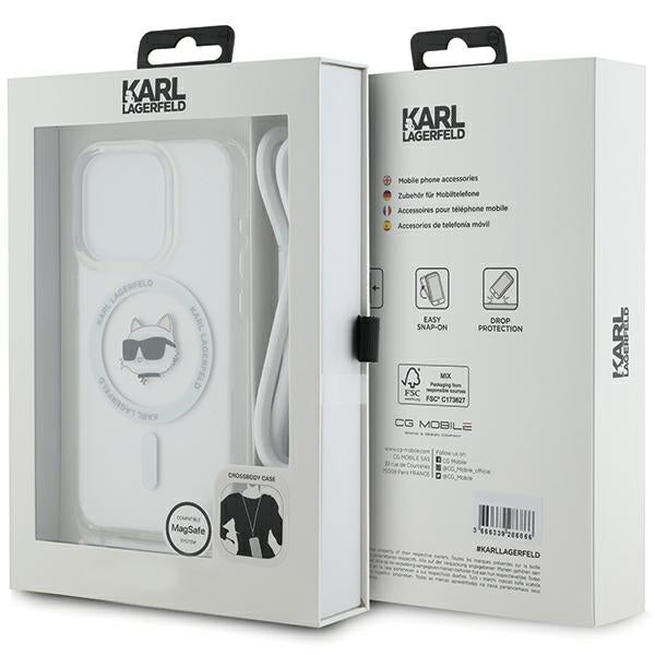 Husa MagSafe pentru Apple iPhone 14 Pro, Karl Lagerfeld, IML Crossbody Choupette's Head with Strap, Transparenta