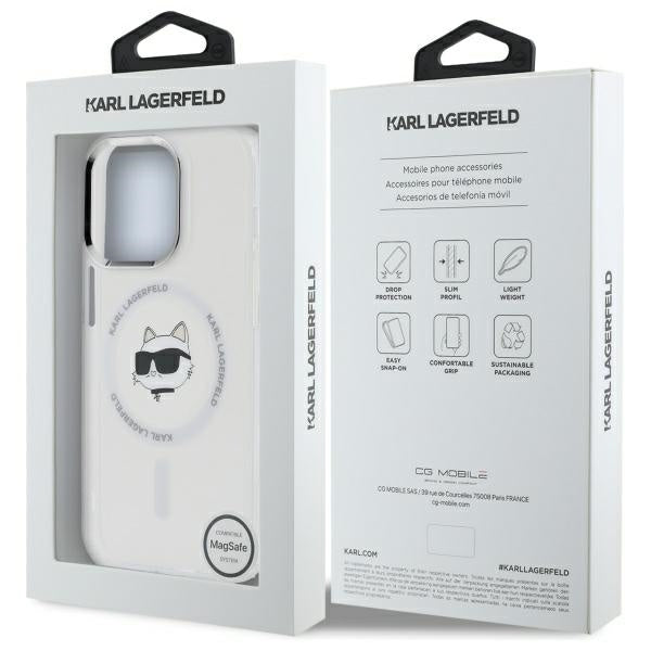 Husa MagSafe pentru Apple iPhone 14 Pro, Karl Lagerfeld, IML Metal Choupette's Head, Alba