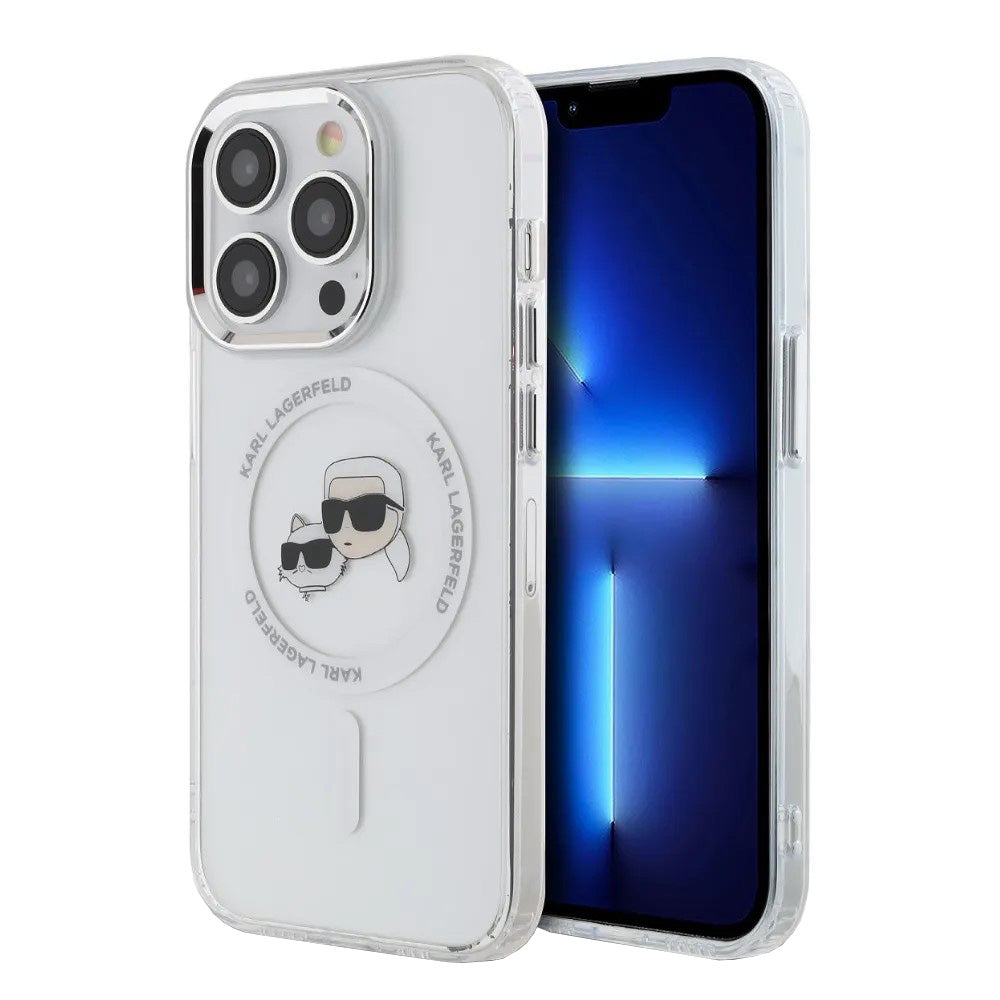 Husa MagSafe pentru Apple iPhone 14 Pro, Karl Lagerfeld, IML Metal Karl & Choupette's Heads, Alba
