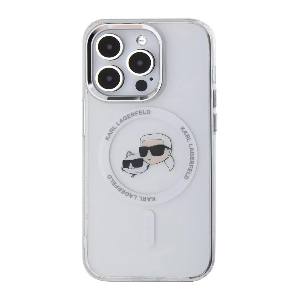 Husa MagSafe pentru Apple iPhone 14 Pro, Karl Lagerfeld, IML Metal Karl & Choupette's Heads, Alba