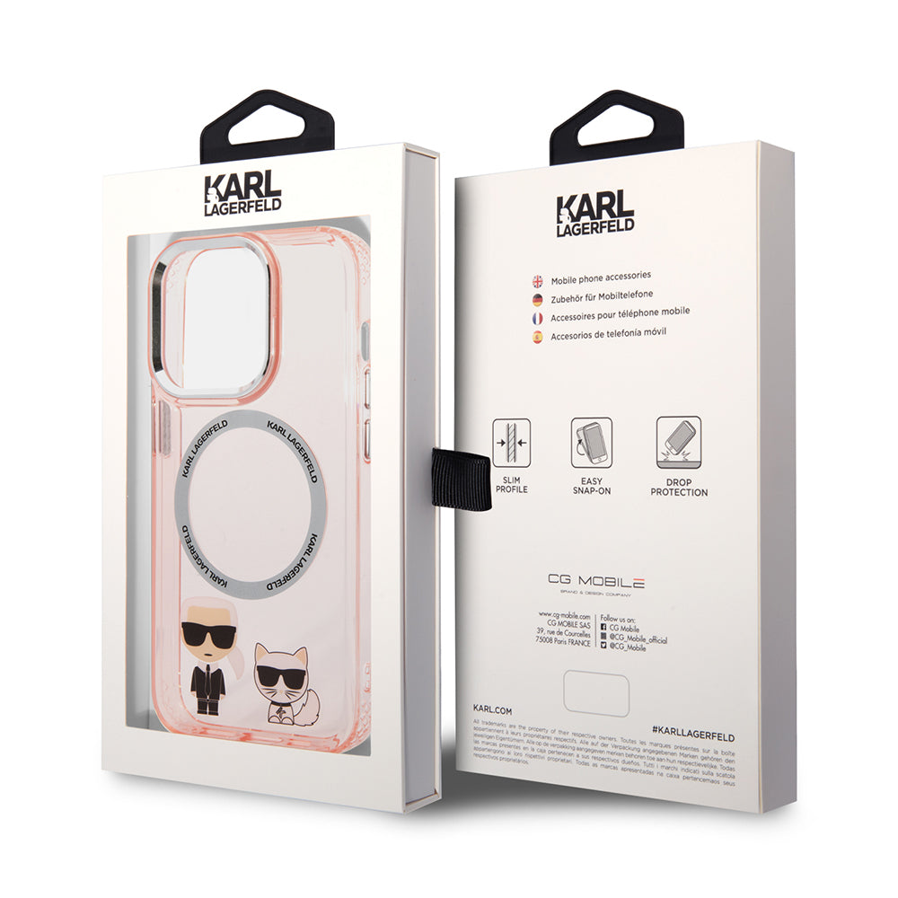 Husa MagSafe pentru Apple iPhone 14 Pro, Karl Lagerfeld, Karl & Choupette Aluminium, Roz