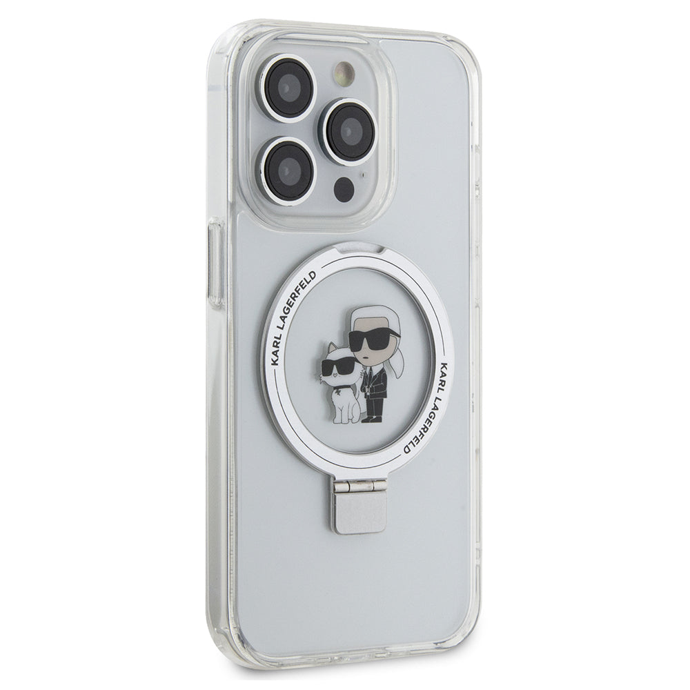 Husa MagSafe pentru Apple iPhone 14 Pro, Karl Lagerfeld, Ring Stand Karl & Choupette, Alba