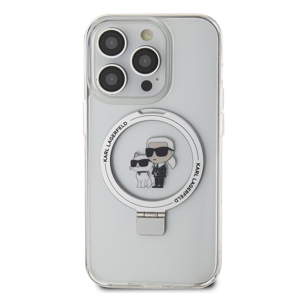 Husa MagSafe pentru Apple iPhone 14 Pro, Karl Lagerfeld, Ring Stand Karl & Choupette, Alba