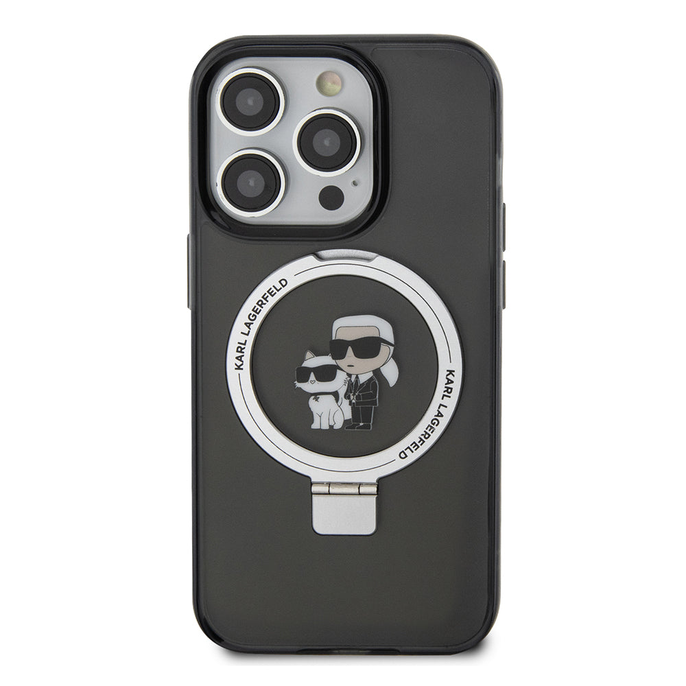 Husa MagSafe pentru Apple iPhone 14 Pro, Karl Lagerfeld, Ring Stand Karl & Choupette, Neagra