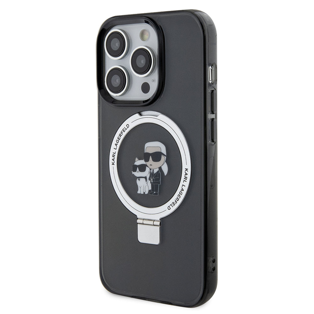 Husa MagSafe pentru Apple iPhone 14 Pro, Karl Lagerfeld, Ring Stand Karl & Choupette, Neagra