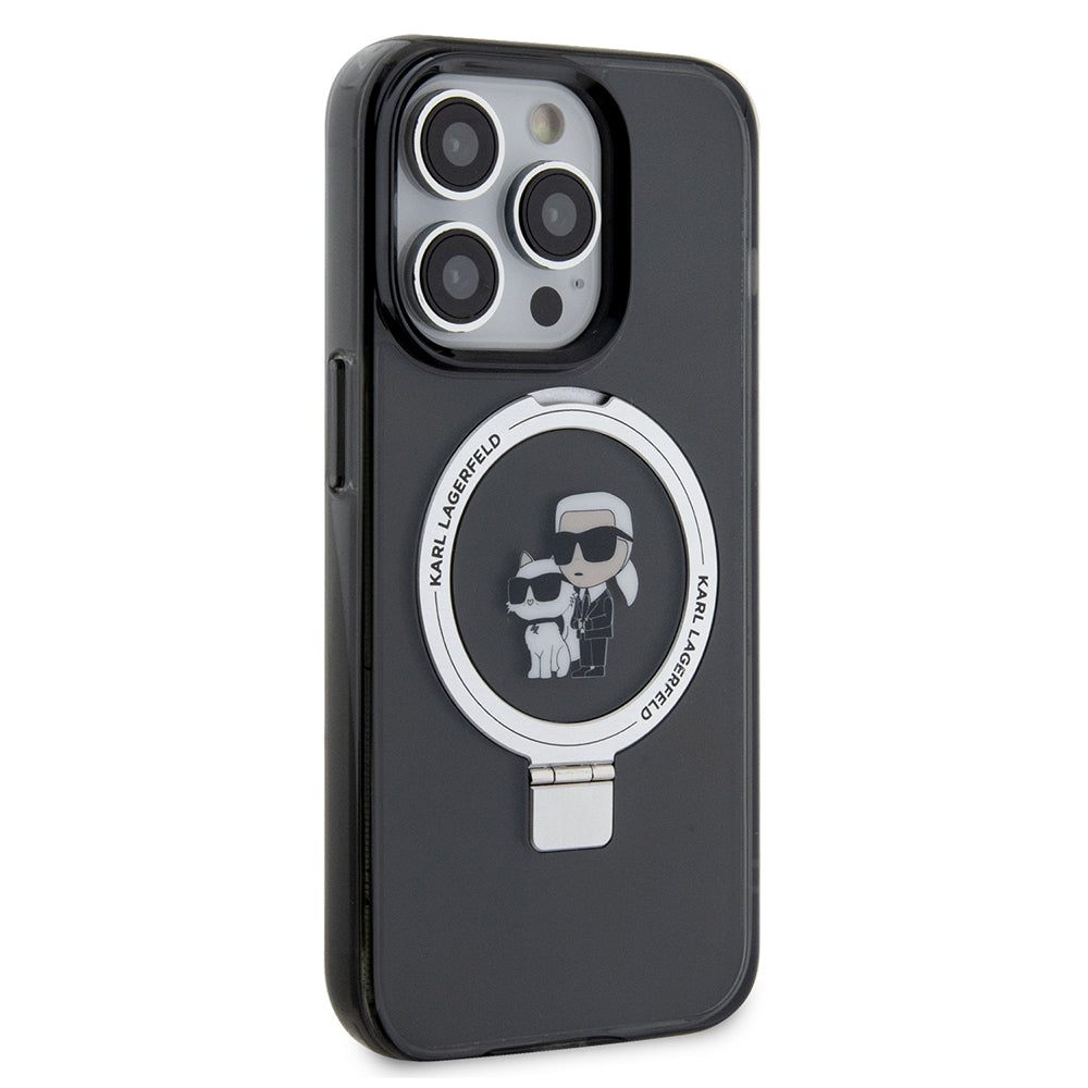 Husa MagSafe pentru Apple iPhone 14 Pro, Karl Lagerfeld, Ring Stand Karl & Choupette, Neagra