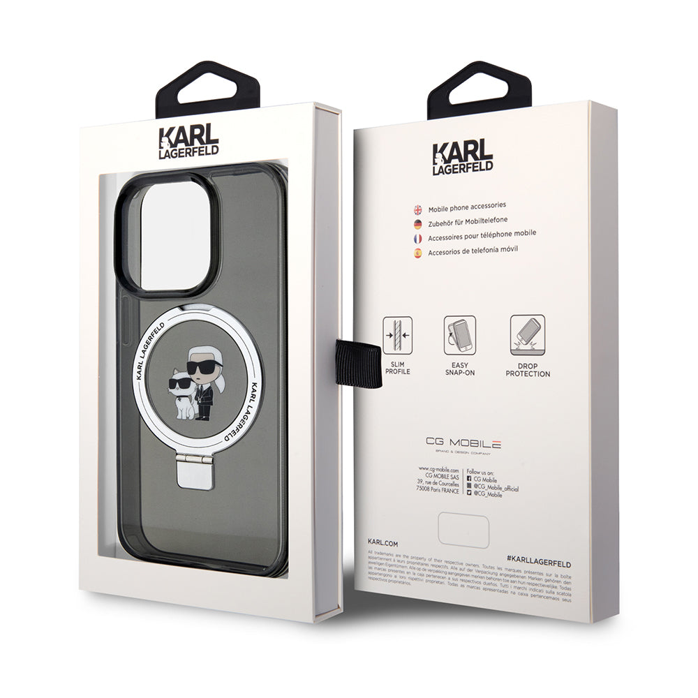 Husa MagSafe pentru Apple iPhone 14 Pro, Karl Lagerfeld, Ring Stand Karl & Choupette, Neagra