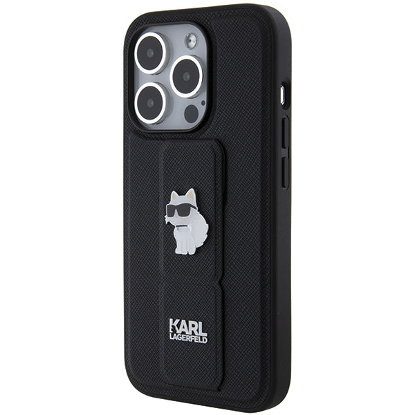 Husa MagSafe pentru Apple iPhone 14 Pro, Karl Lagerfeld, Saffiano Gripstand Choupette, Neagra
