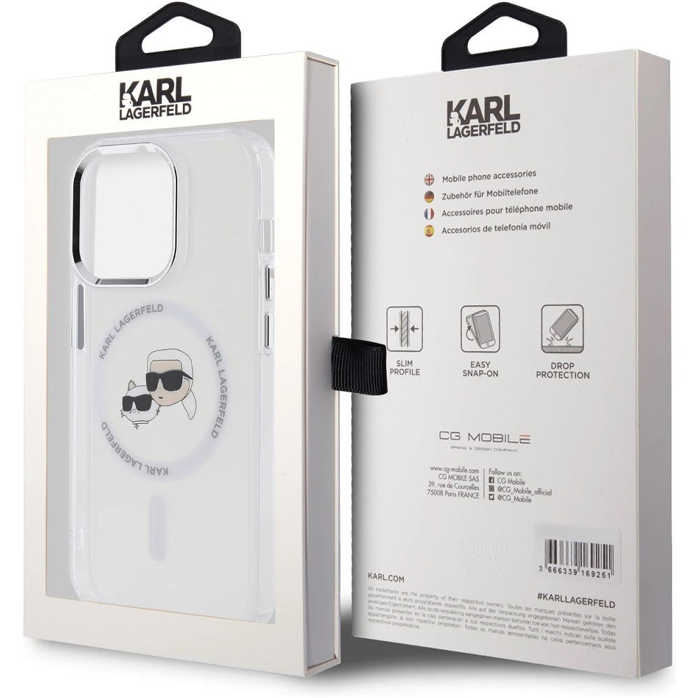 Husa MagSafe pentru Apple iPhone 14 Pro Max, Karl Lagerfeld, IML Metal Karl & Choupette's Heads, Alba