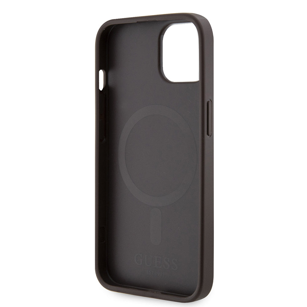 Husa MagSafe pentru Apple iPhone 15, Guess, 4G Printed Stripes, Maro
