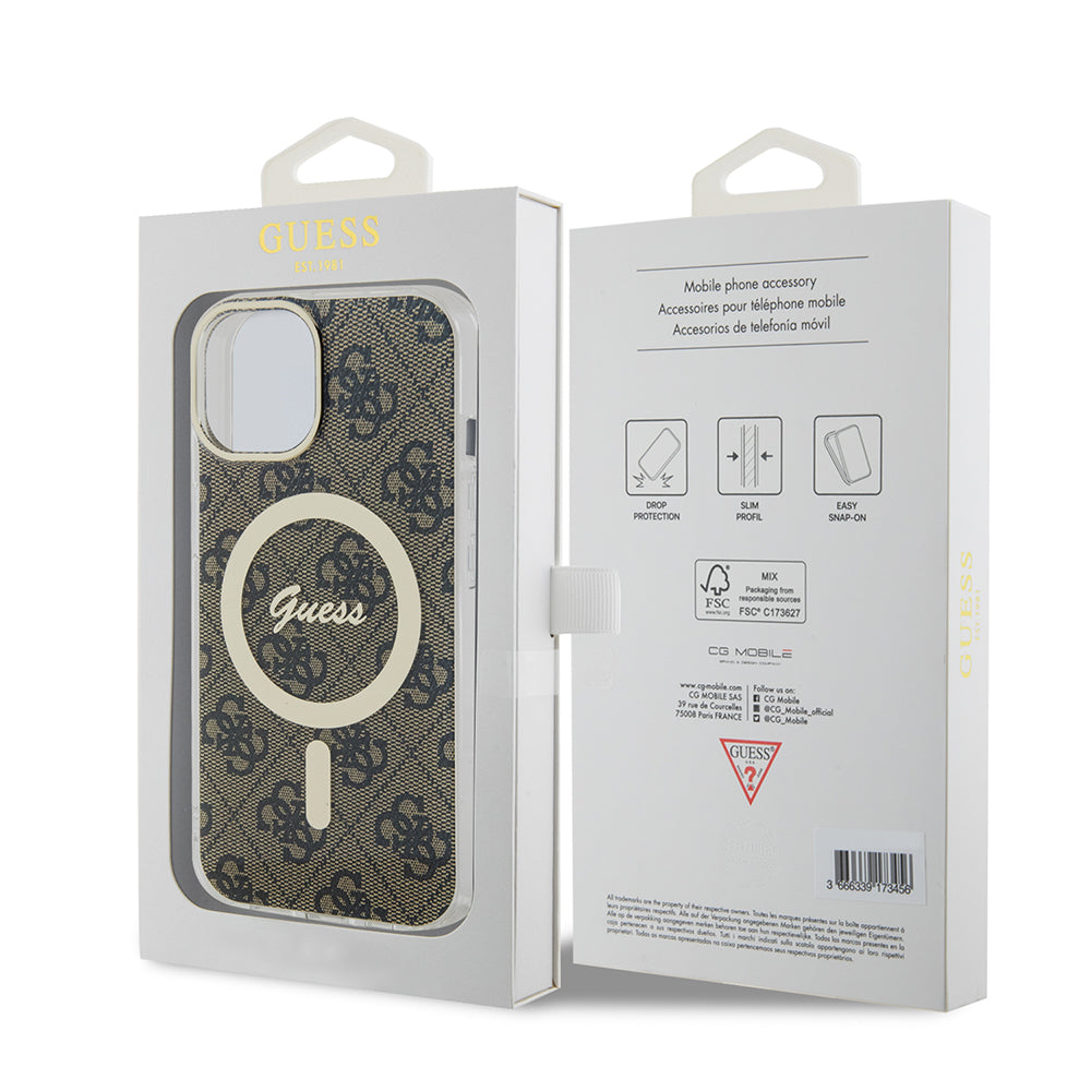 Husa MagSafe pentru Apple iPhone 15, Guess, IML 4G, Maro